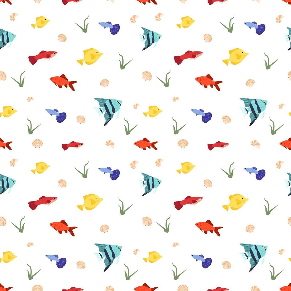 Bright seamless pattern with fish, shells and algae vector