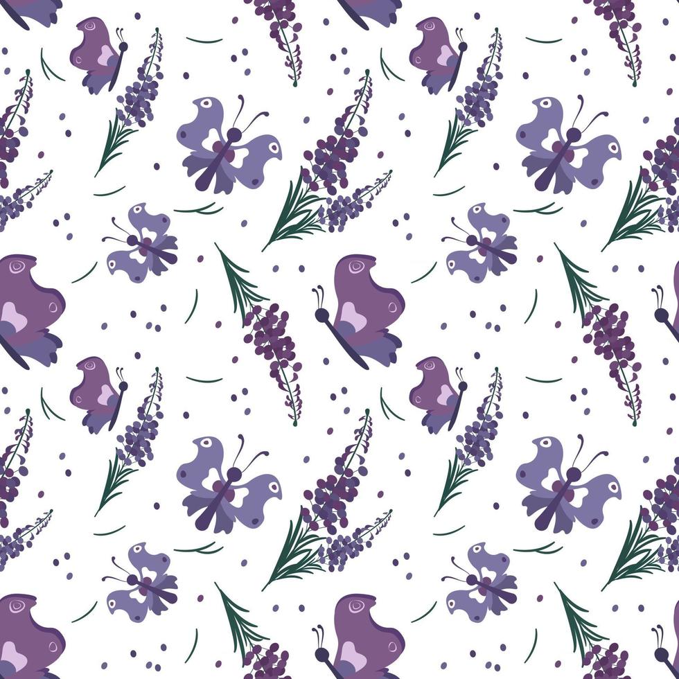 Cute stylish seamless pattern with purple flowers and butterflies vector