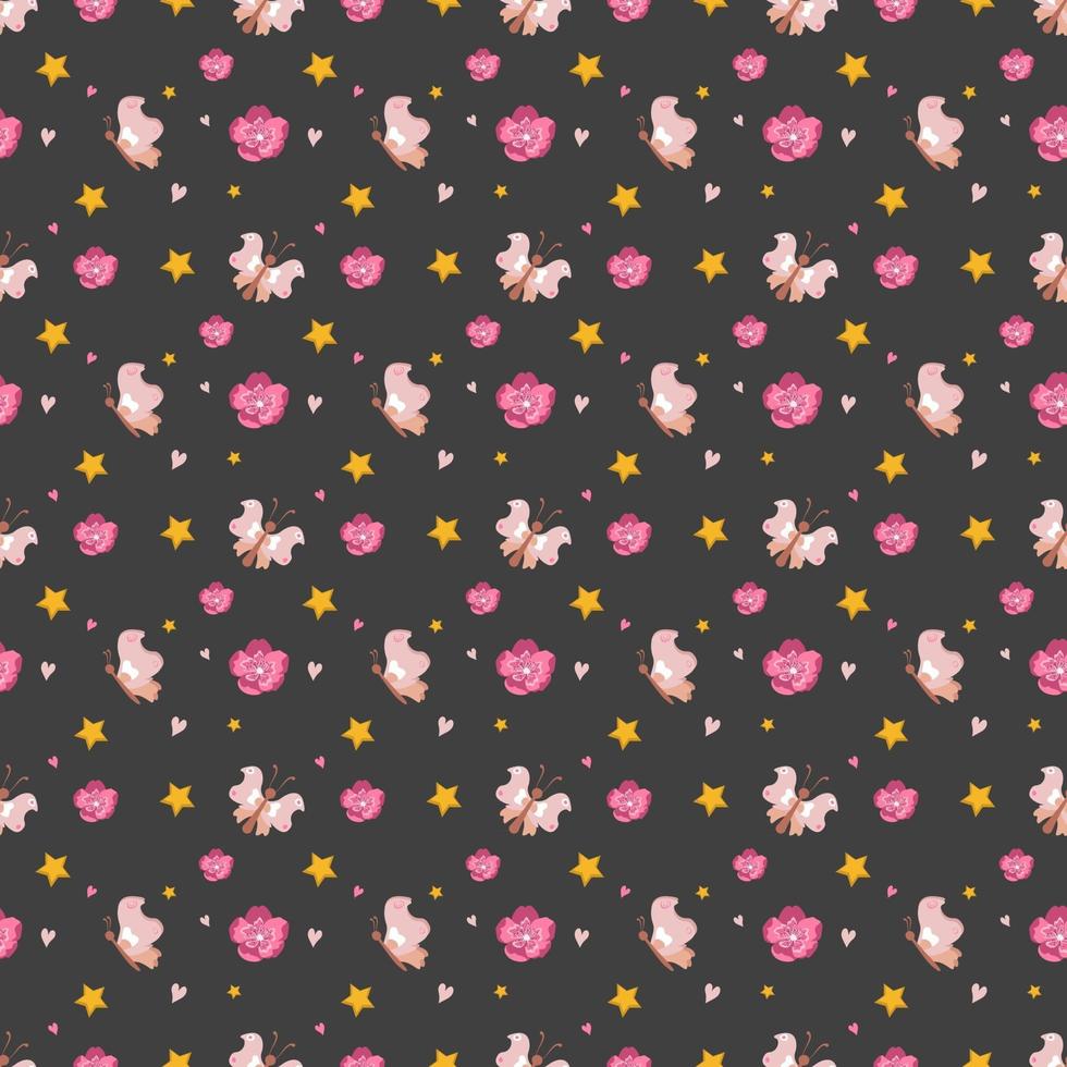 Cute seamless pattern with butterfly, flowers and stars vector