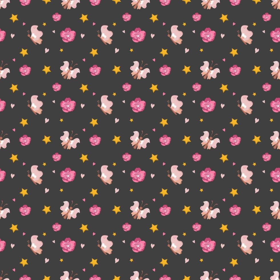 Cute seamless pattern with butterfly, flowers and stars vector