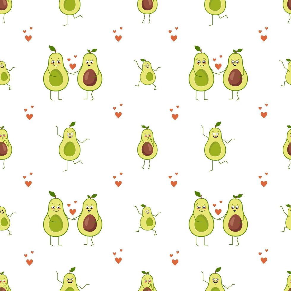 Seamless pattern cute avocado characters with emotions vector