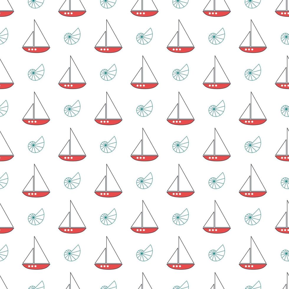 Summer nautical pattern with ships with sails and seashells vector