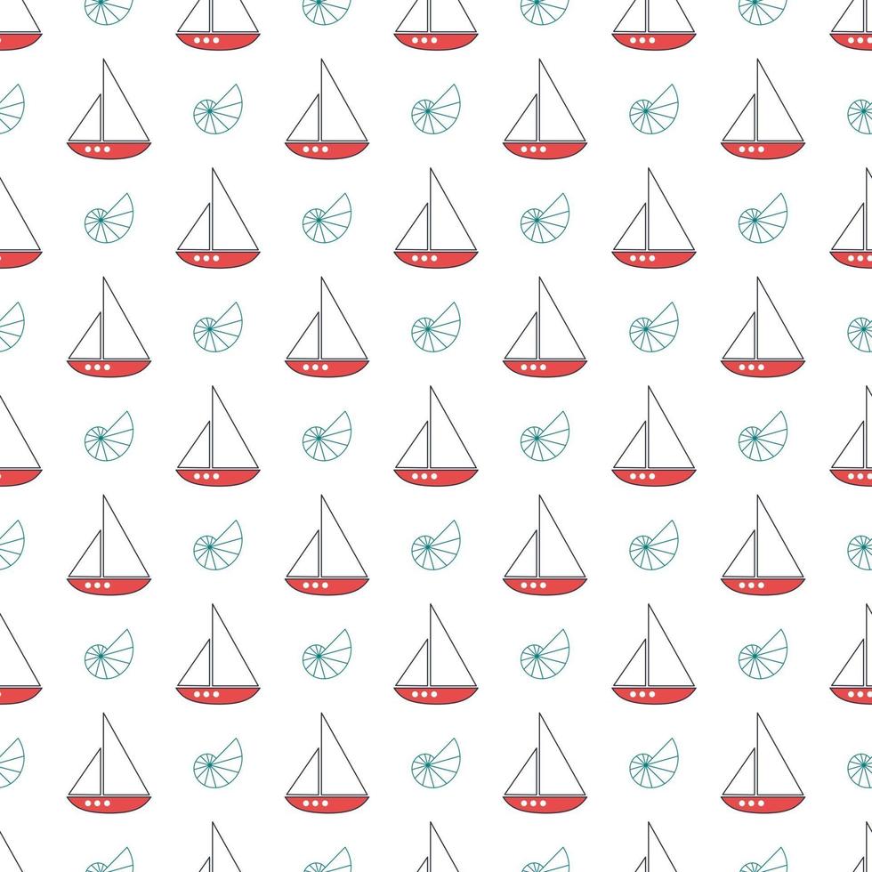 Summer nautical pattern with ships with sails and seashells vector