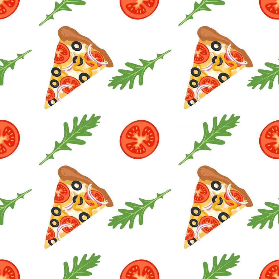 Bright background with slices of pizza, arugula and tomatoes vector