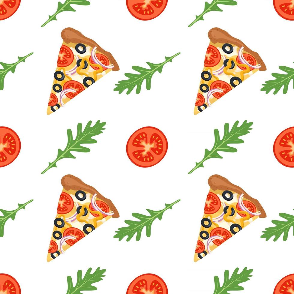 Fondo brillante con rebanadas de pizza, rúcula y tomates vector