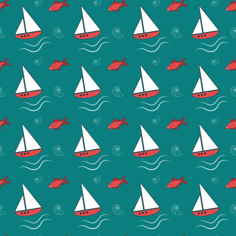 Summer sea pattern with ships, waves and fish vector