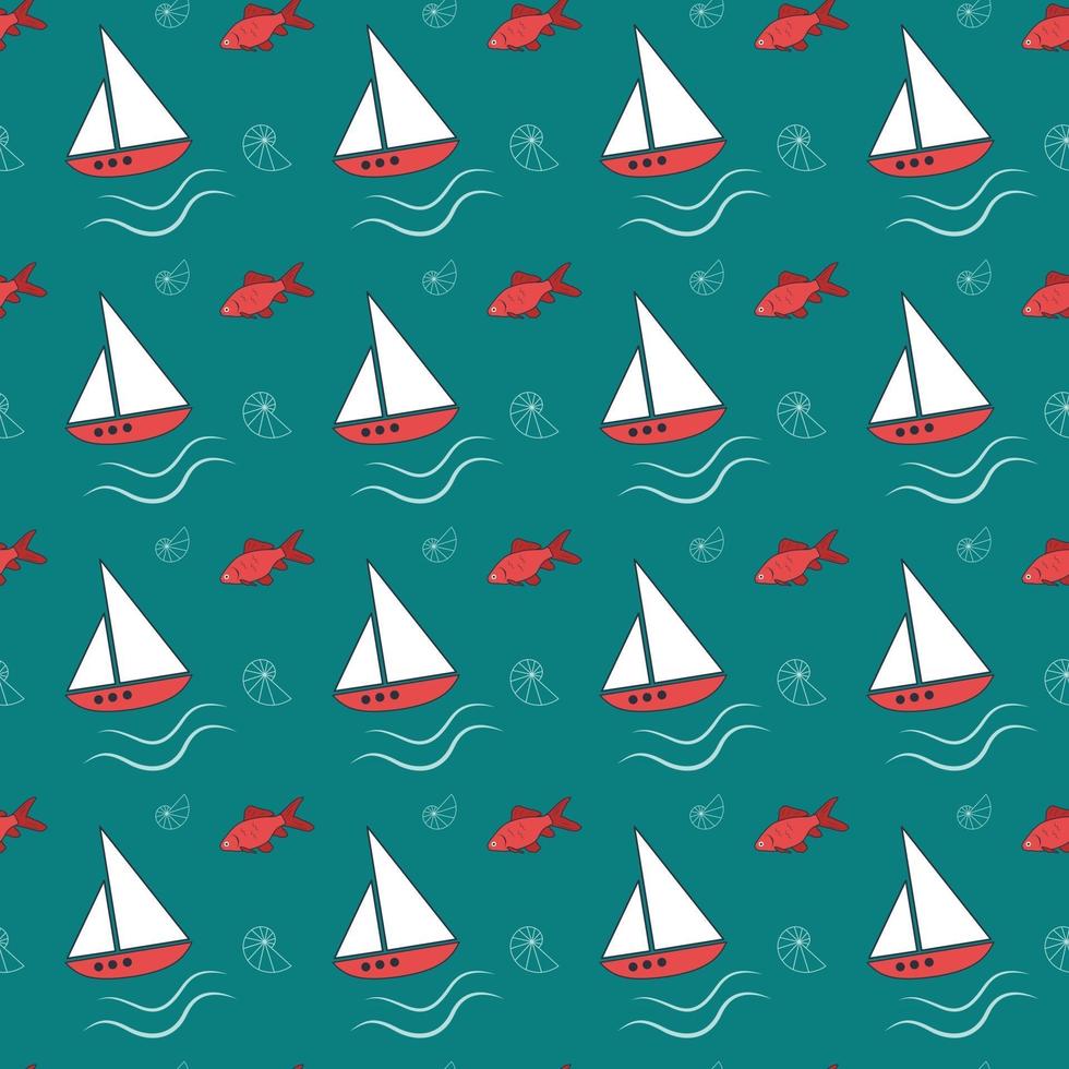 Summer sea pattern with ships, waves and fish vector