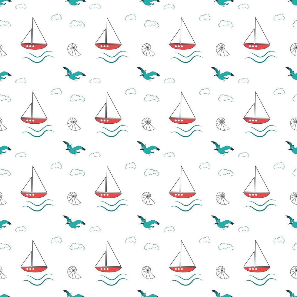 Summer marine pattern with ships, waves and seagulls vector