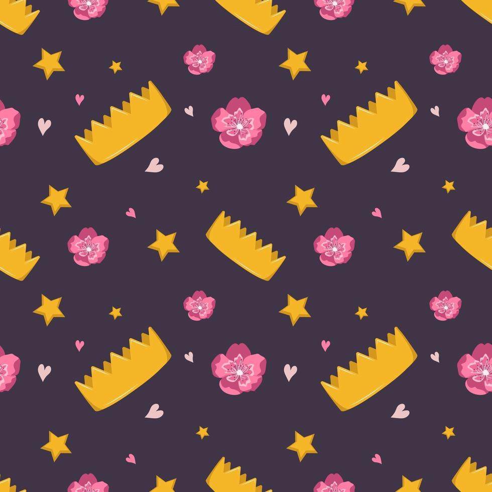 Cute seamless pattern with crown, flowers and stars vector