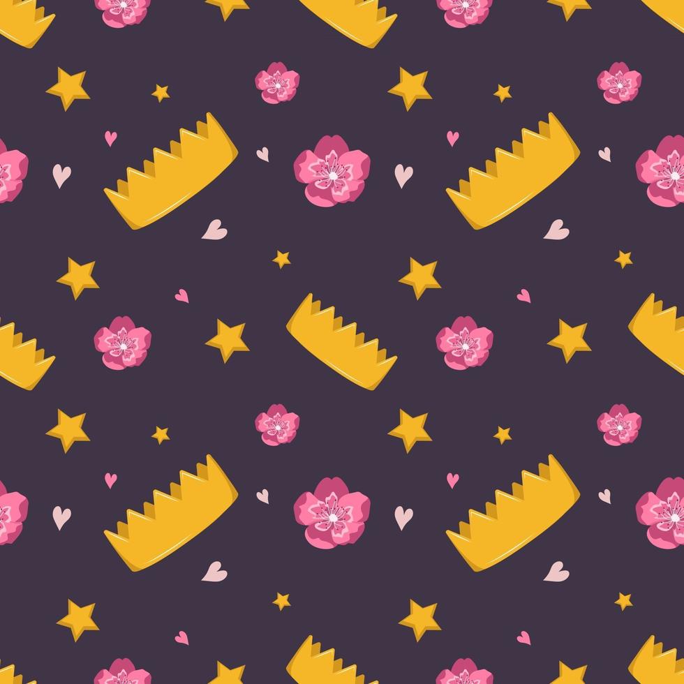 Cute seamless pattern with crown, flowers and stars vector