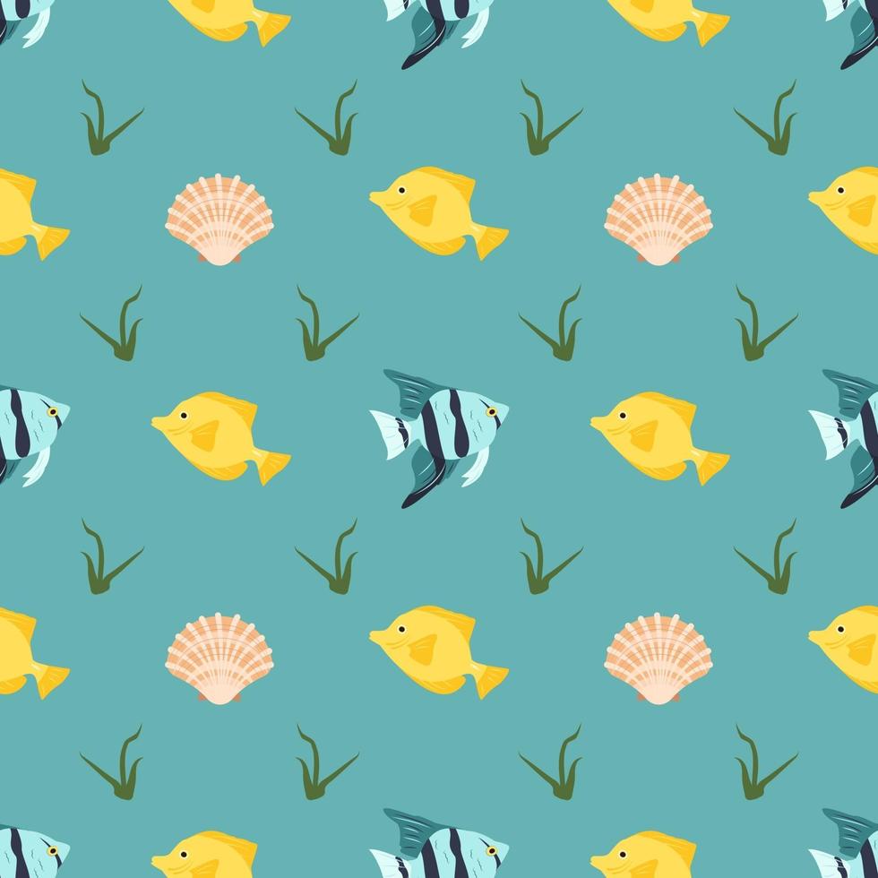 Bright seamless pattern with fish, shells and algae vector