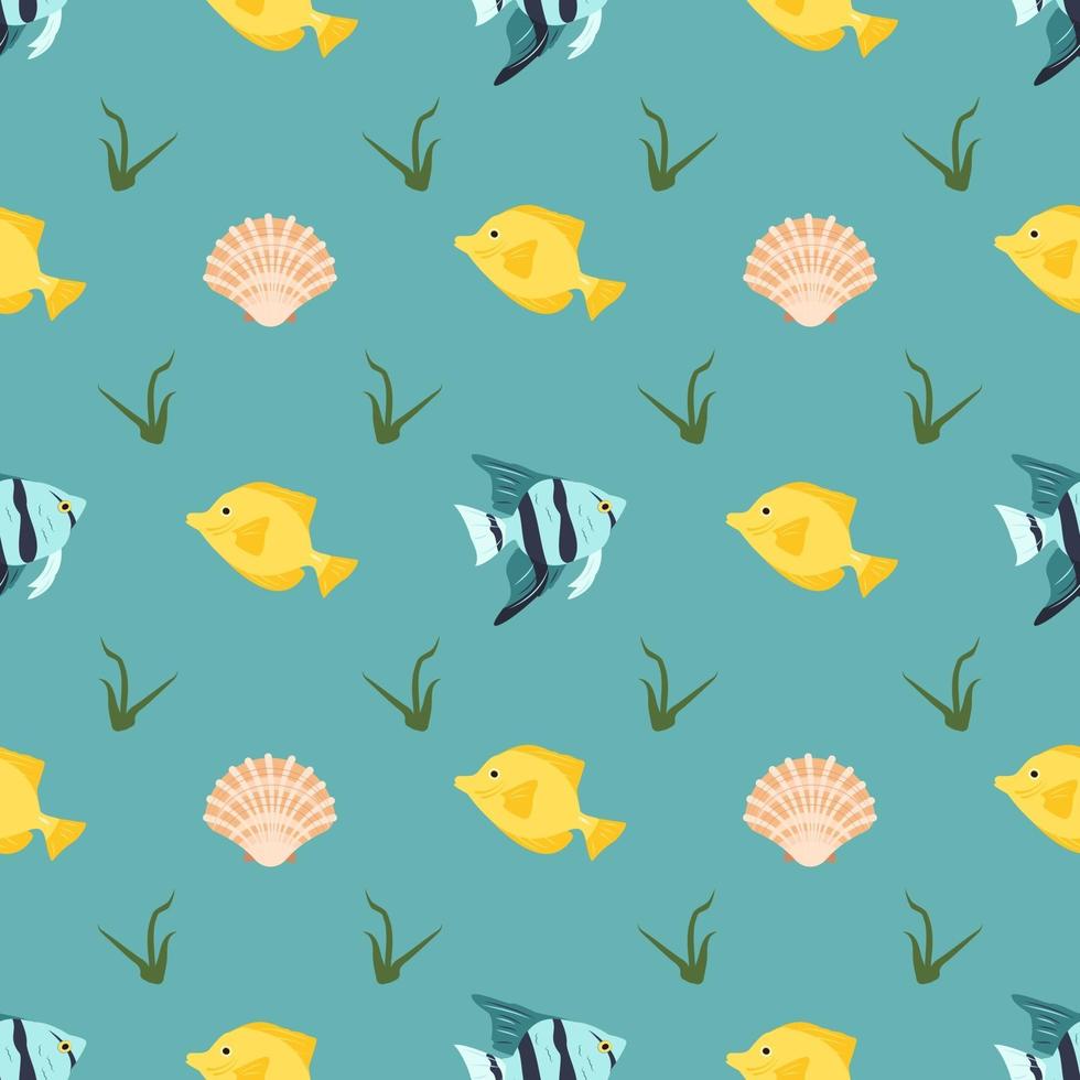 Bright seamless pattern with fish, shells and algae vector