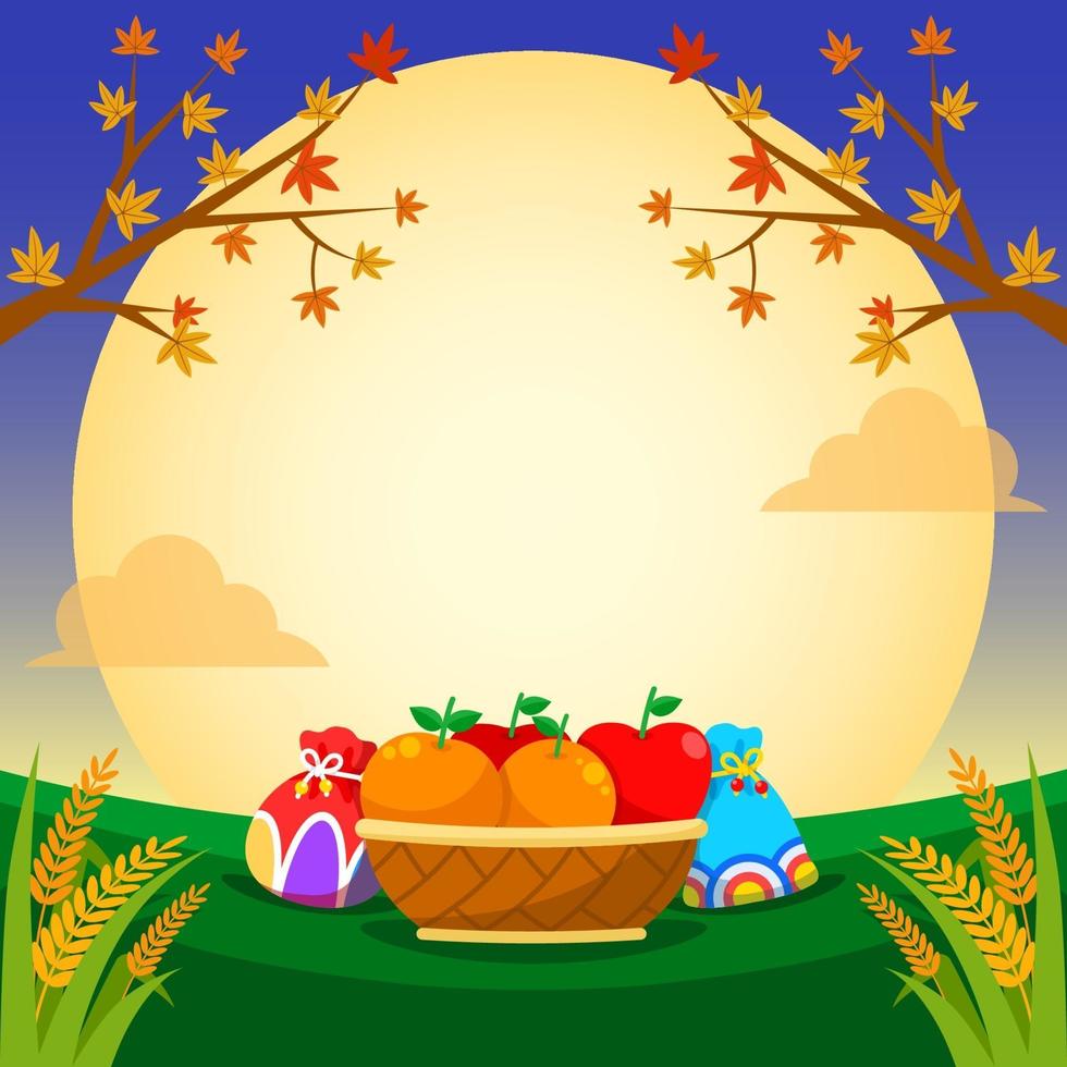 Orange and Apple Basket under Full Moon Night vector