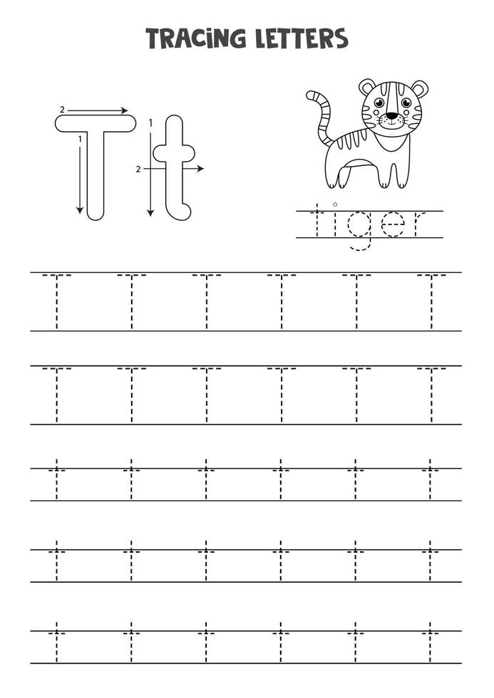 Tracing letters of English alphabet. Black and white worksheet. vector