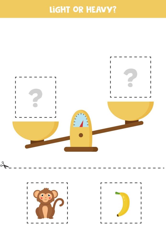 Light, heavy or equal. Cut pictures below and glue to the right box. vector