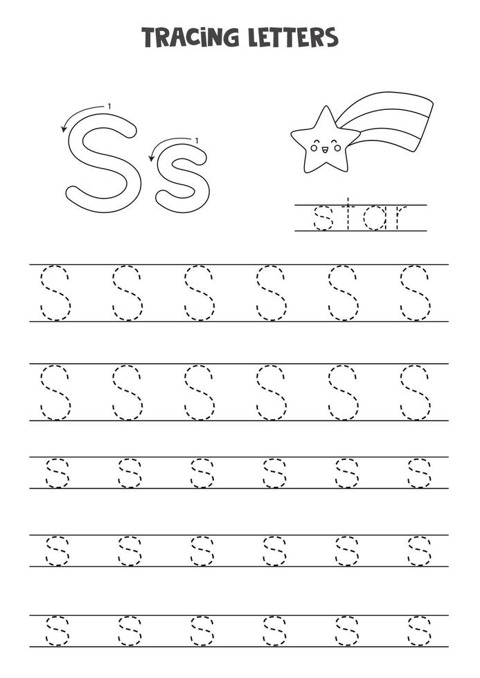 Tracing letters of English alphabet. Black and white worksheet. vector