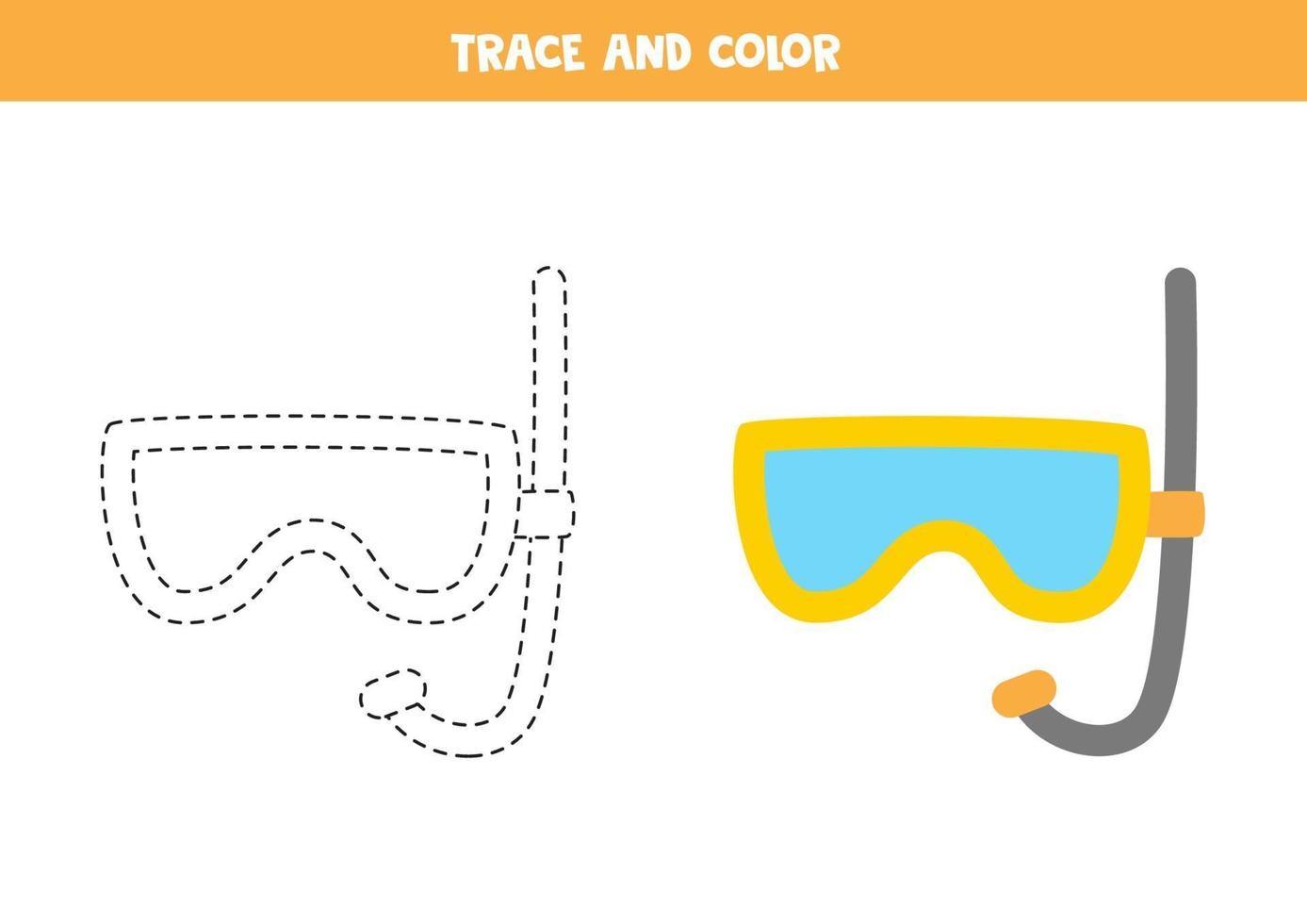 Trace and color diving mask. Worksheet for kids. vector