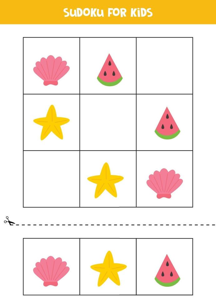 Sudoku game for kids with cartoon summer elements. vector