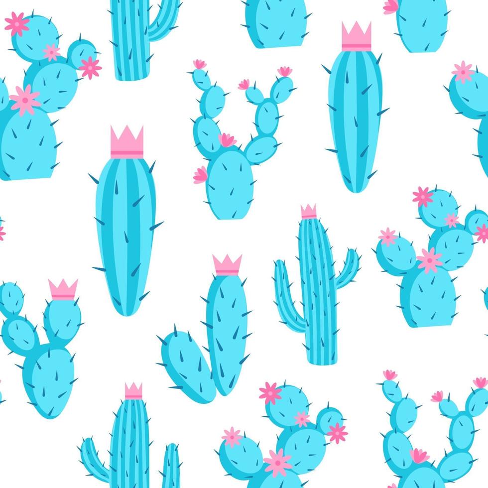 Pattern of azure cacti with flowers and crowns vector illustration