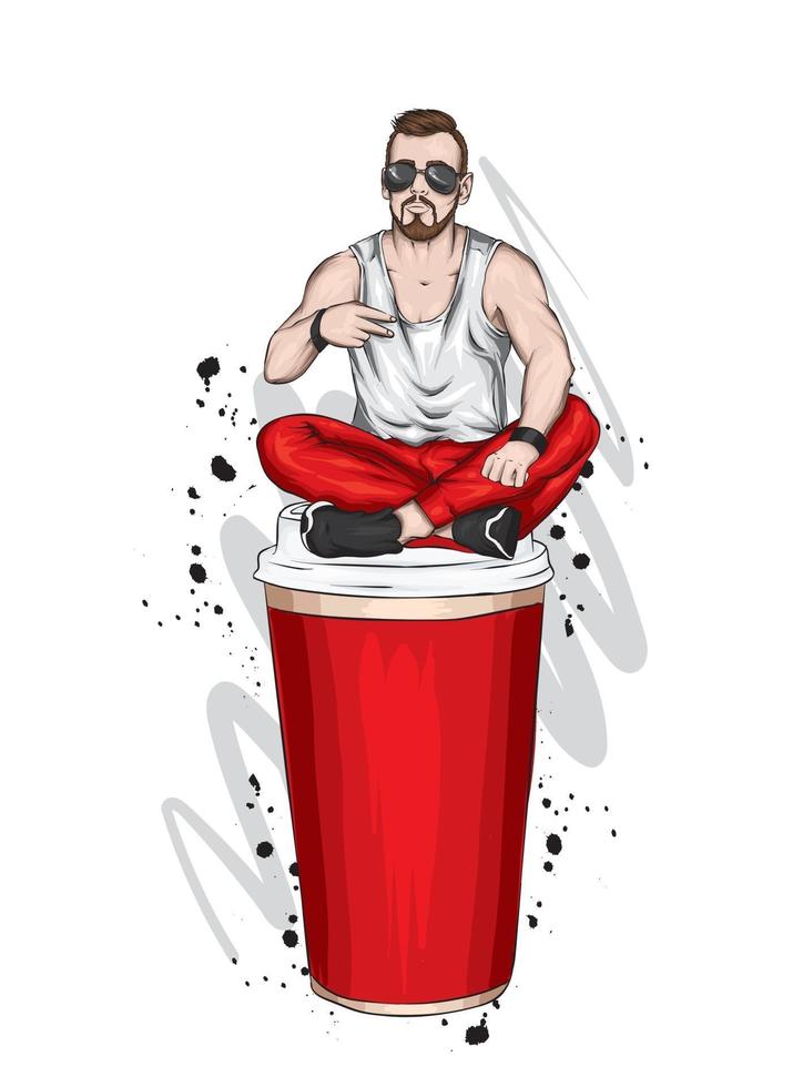 Handsome guy in stylish clothes and a glass of coffee vector