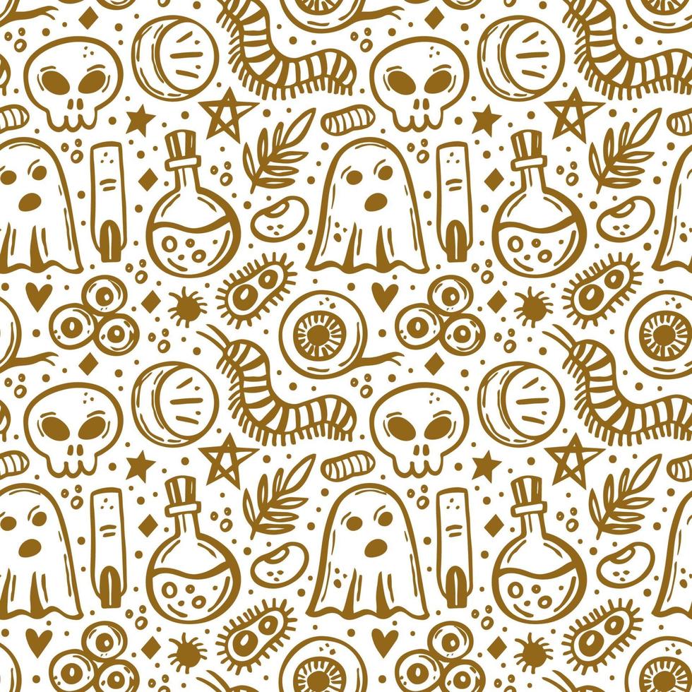 Halloween Golden seamless pattern Ghost eye skull moon insect bacteria vector