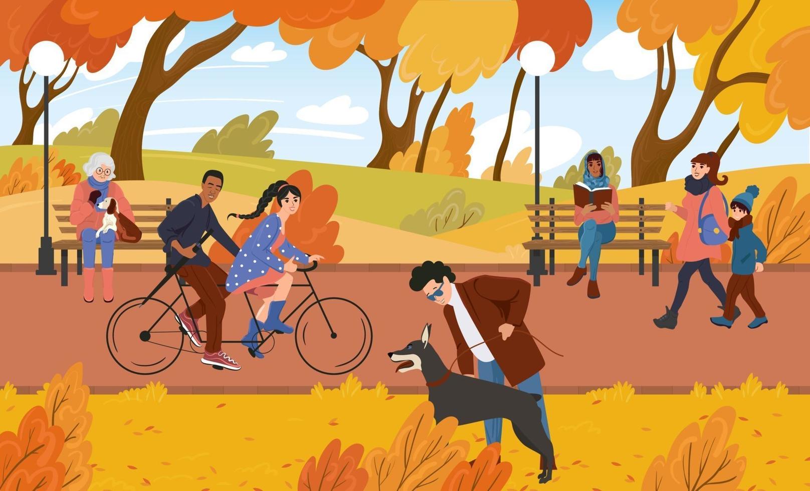 People walk in the park area in autumn. Citizens have a rest in nature vector