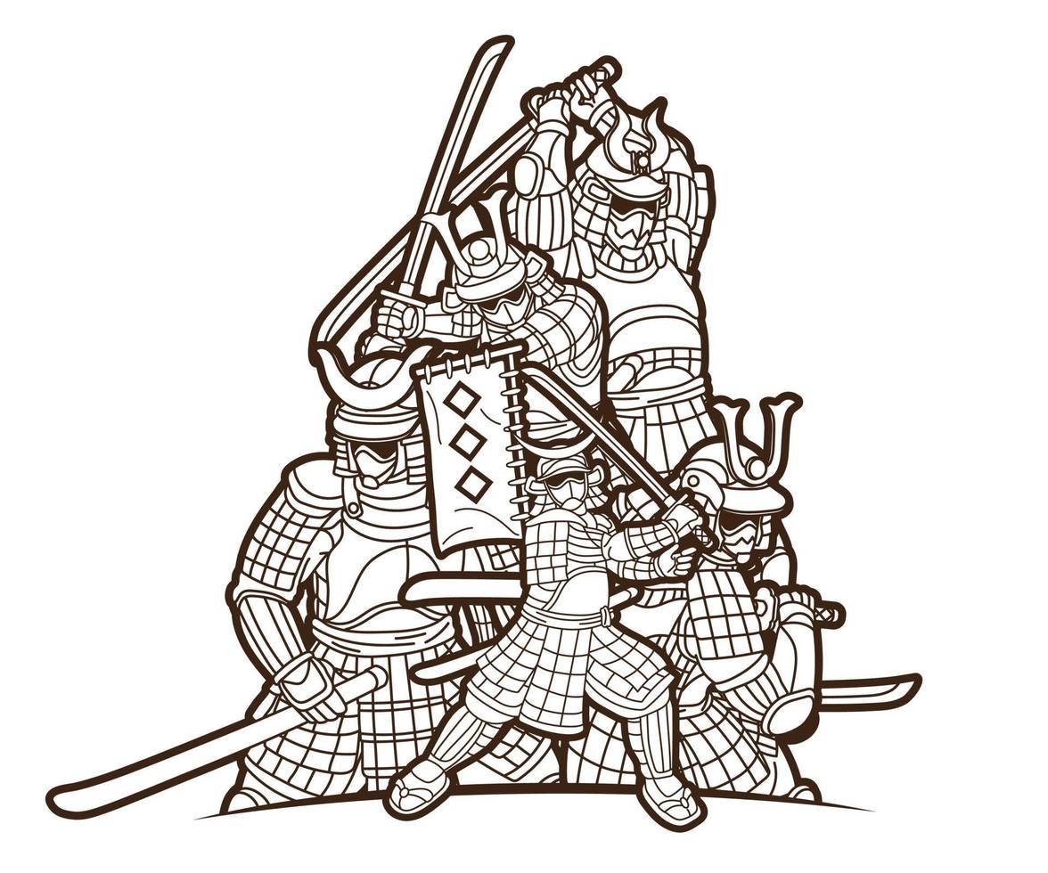 contorno samurai guerrero con armas ronin luchador japonés vector