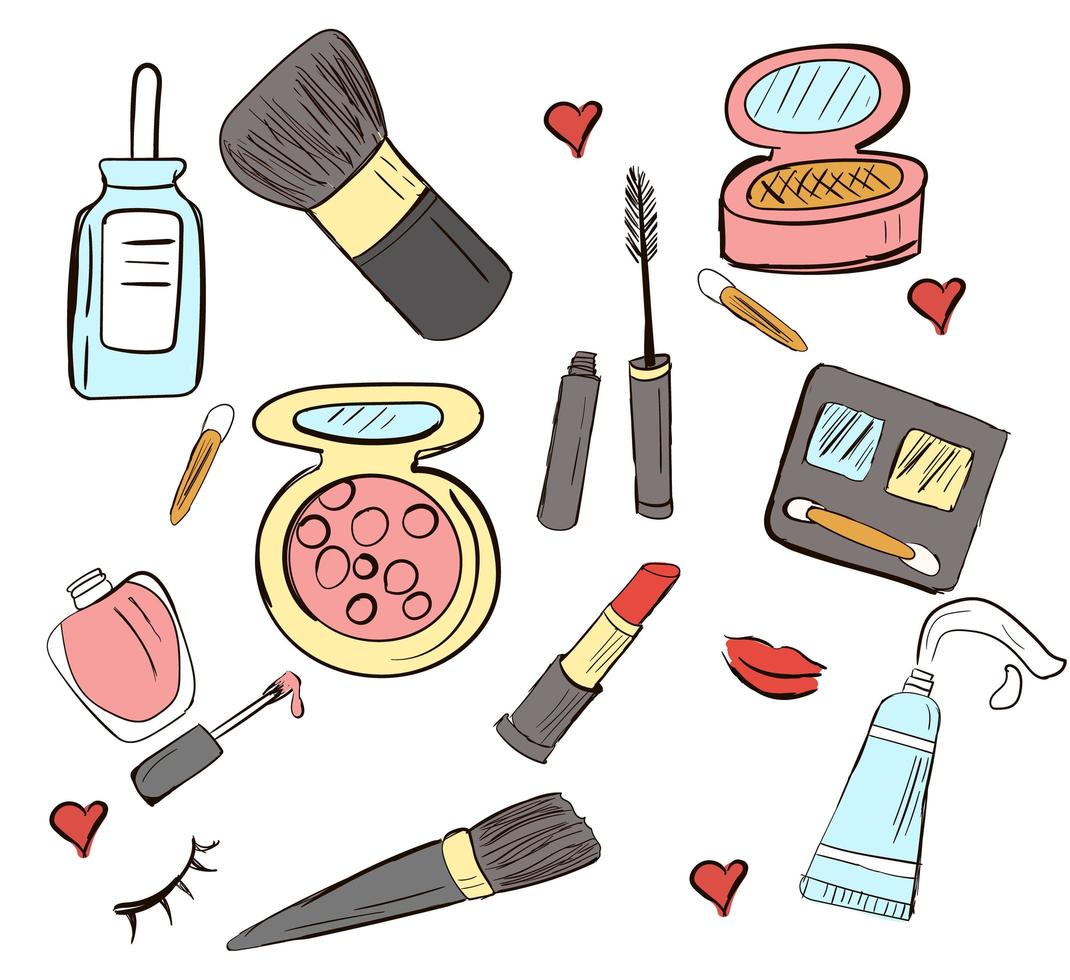 conjunto de cosméticos de vector dibujado a mano. Ilustración de doodle