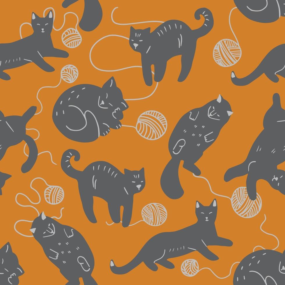 Seamless pattern with different cats and balls of yarn vector