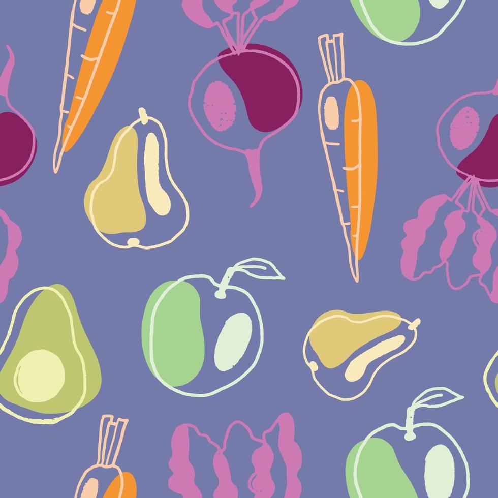 Patrón sin fisuras de coloridas frutas y verduras con formas abstractas vector
