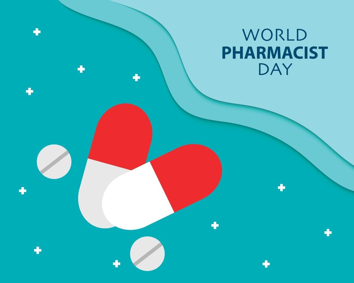 día mundial del farmacéutico con drogas en papel. vector