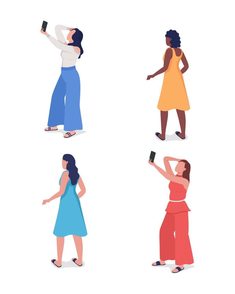 Girl posing for photo semi flat color vector character set