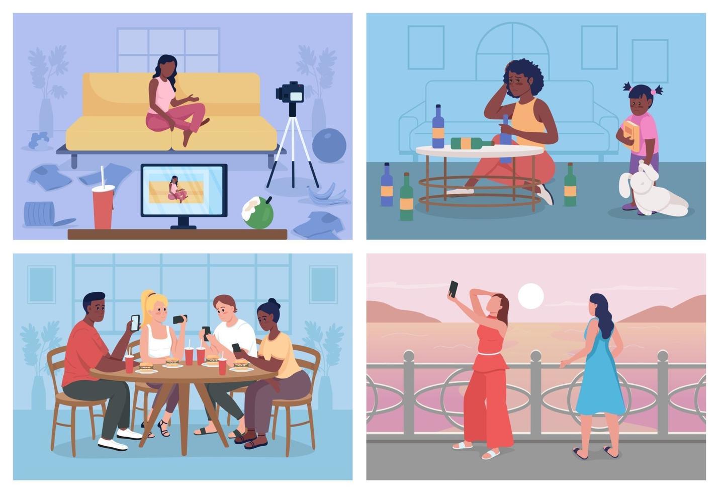 Unhealthy lifestyle flat color vector illustration set