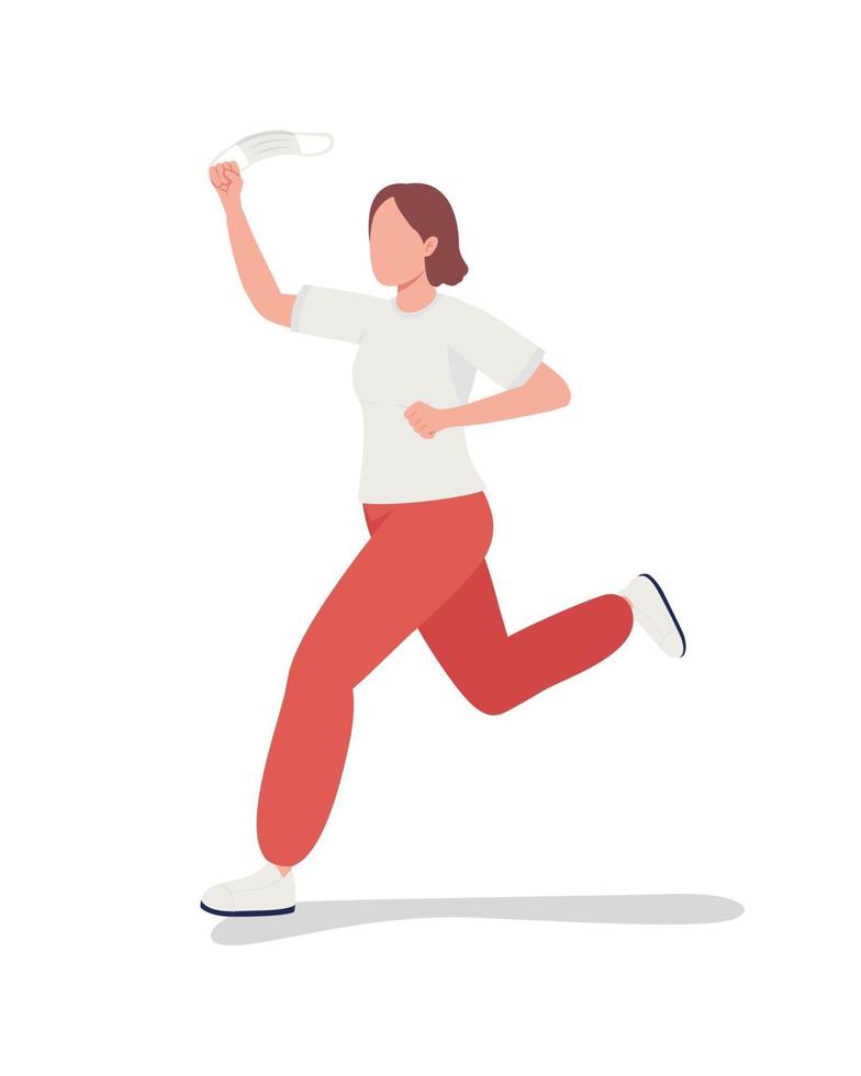 Running girl removes mask semi flat color vector character