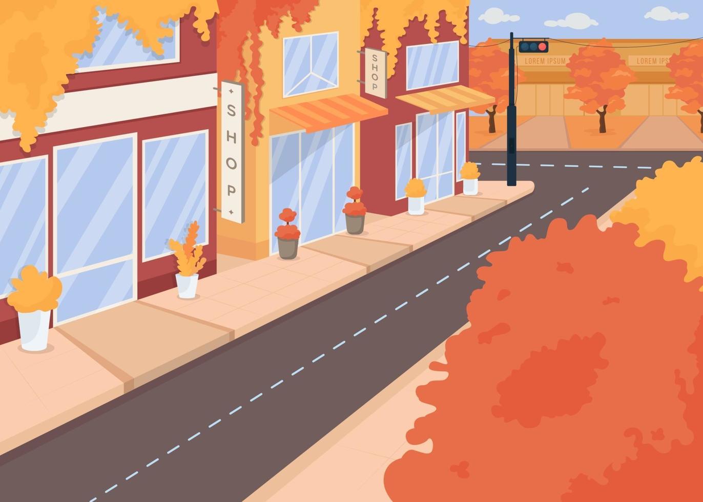 Autumn city street flat color vector illustration