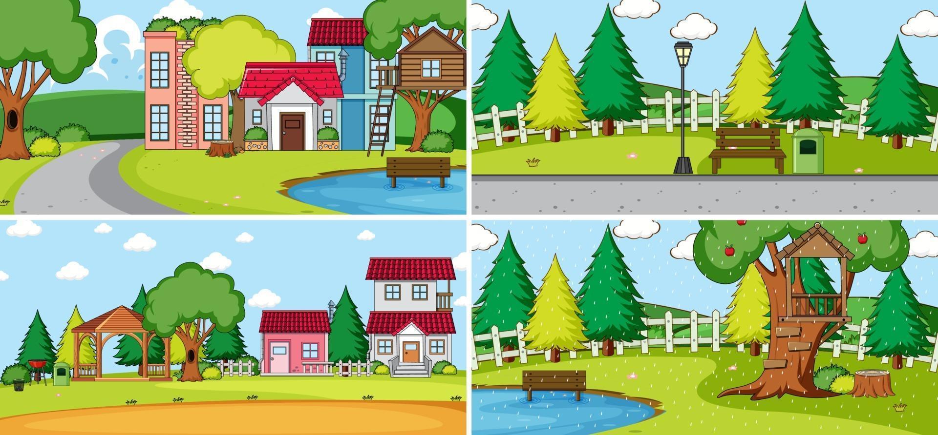 Set of different houses in nature scenes cartoon style vector