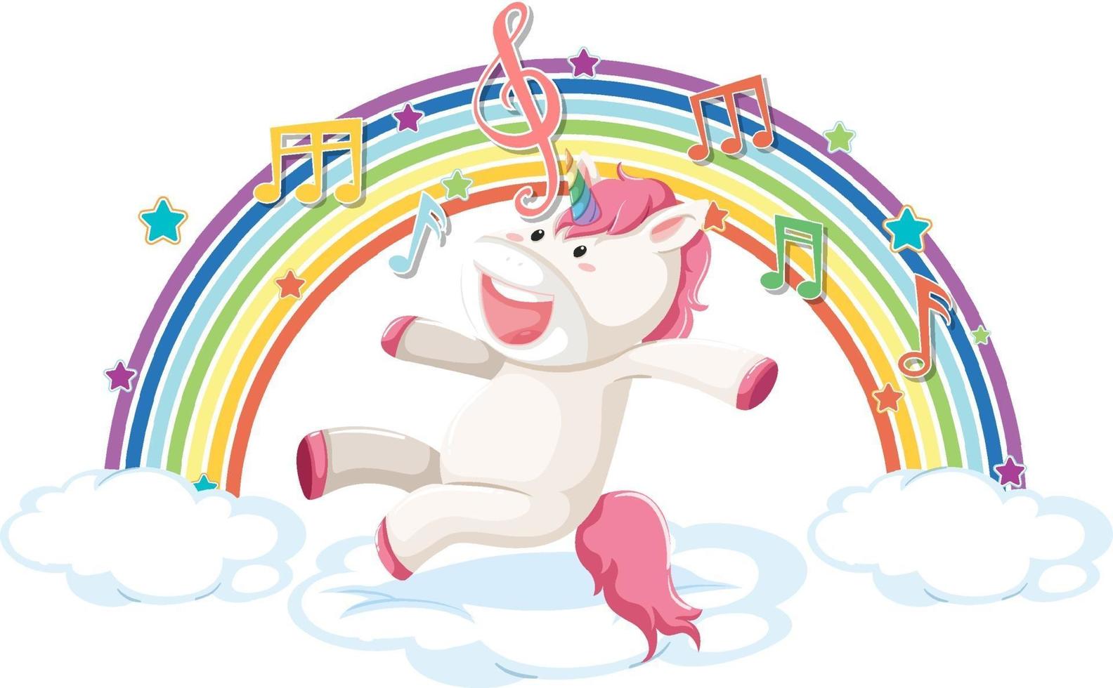 unicornio saltando en la nube con arco iris y símbolo de melodía vector