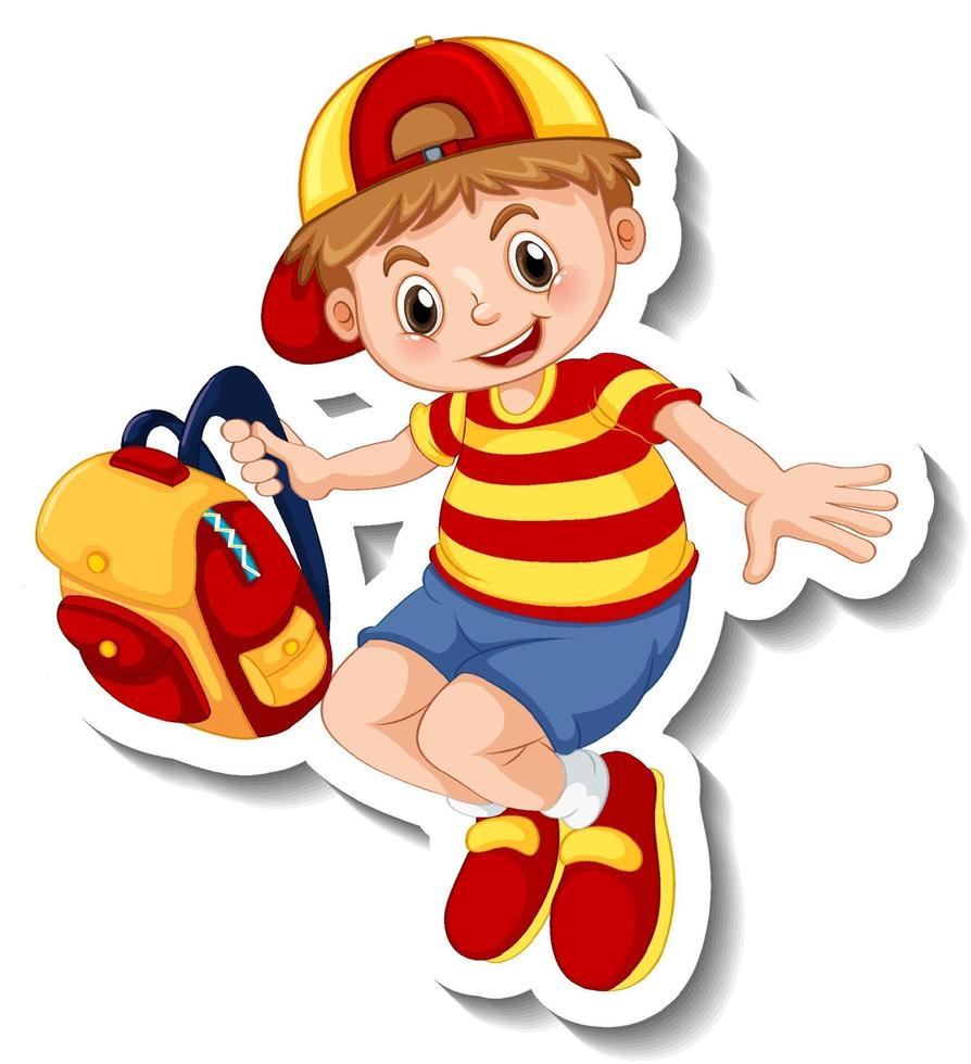 Sticker template with a student boy holding a backpack isolated vector