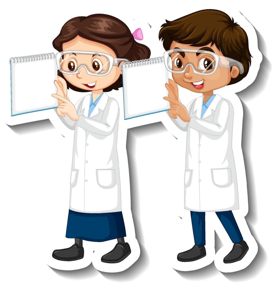 Cartoon character sticker with couple scientists in science gown vector