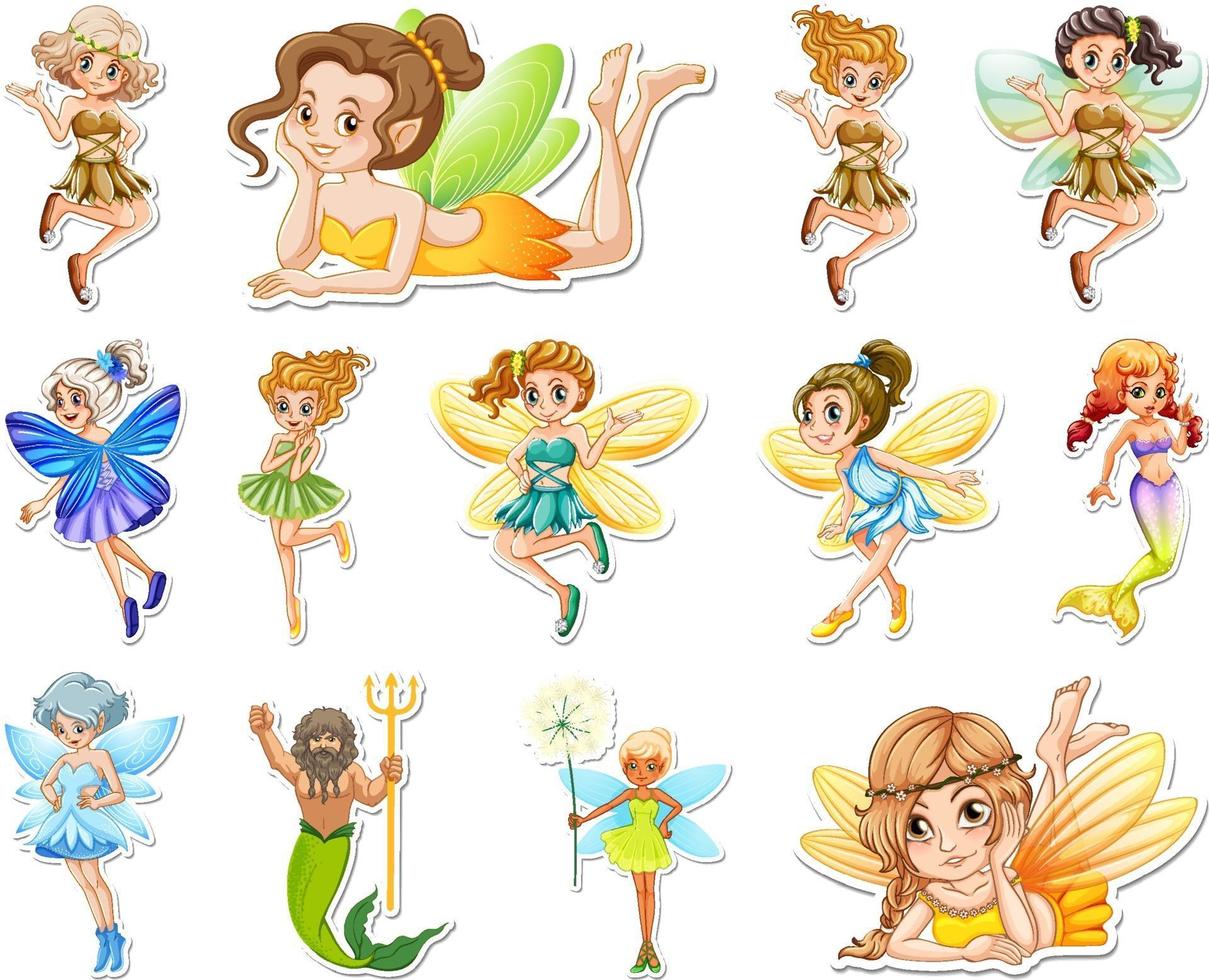 Set of stickers with beautiful fairies and mermaid cartoon character vector