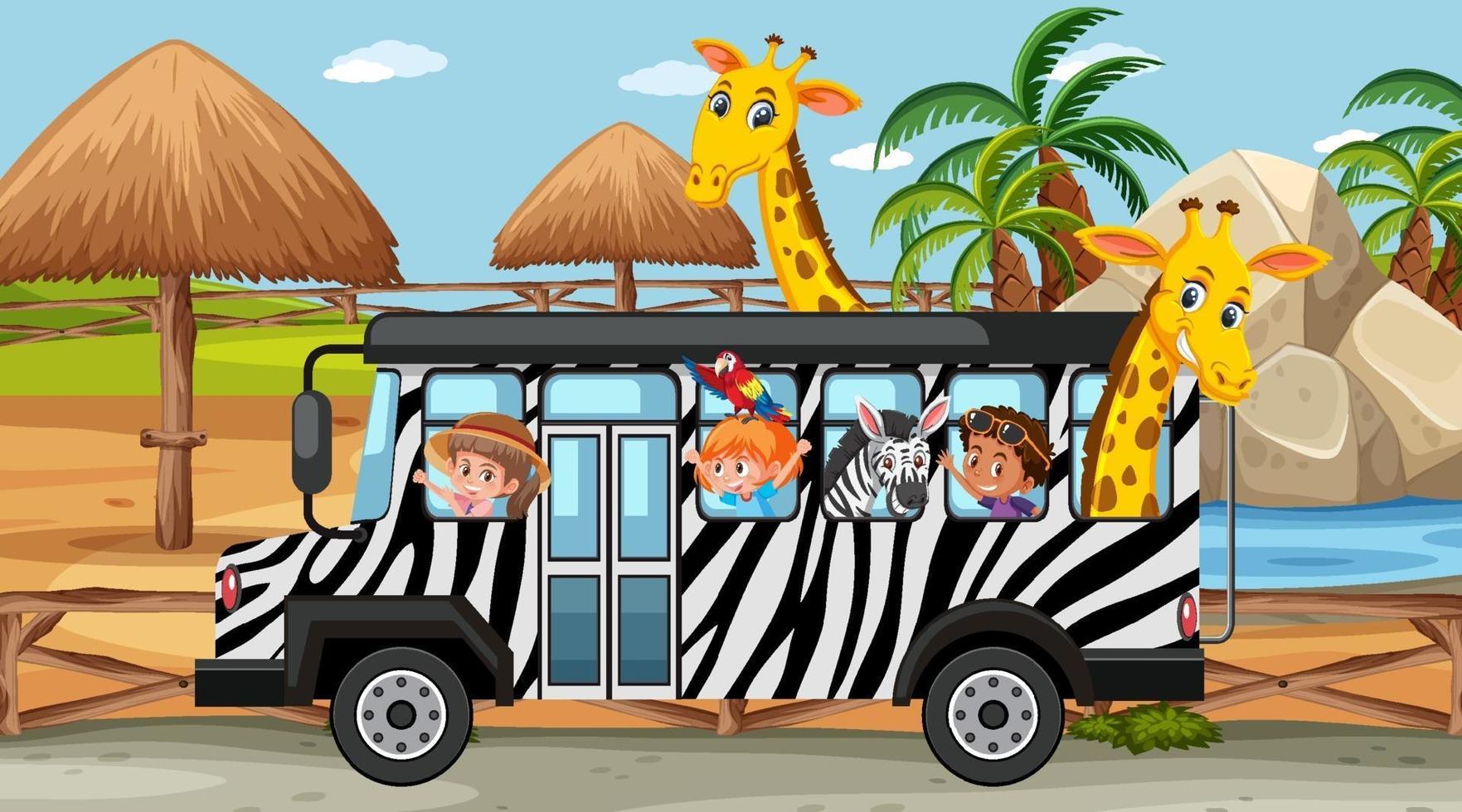 Escena de safari durante el día con niños y animales en autobús. vector