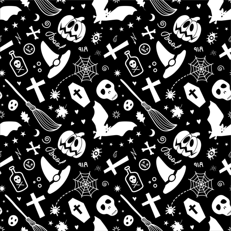 Halloween spooky items isolated on black background forming pattern vector