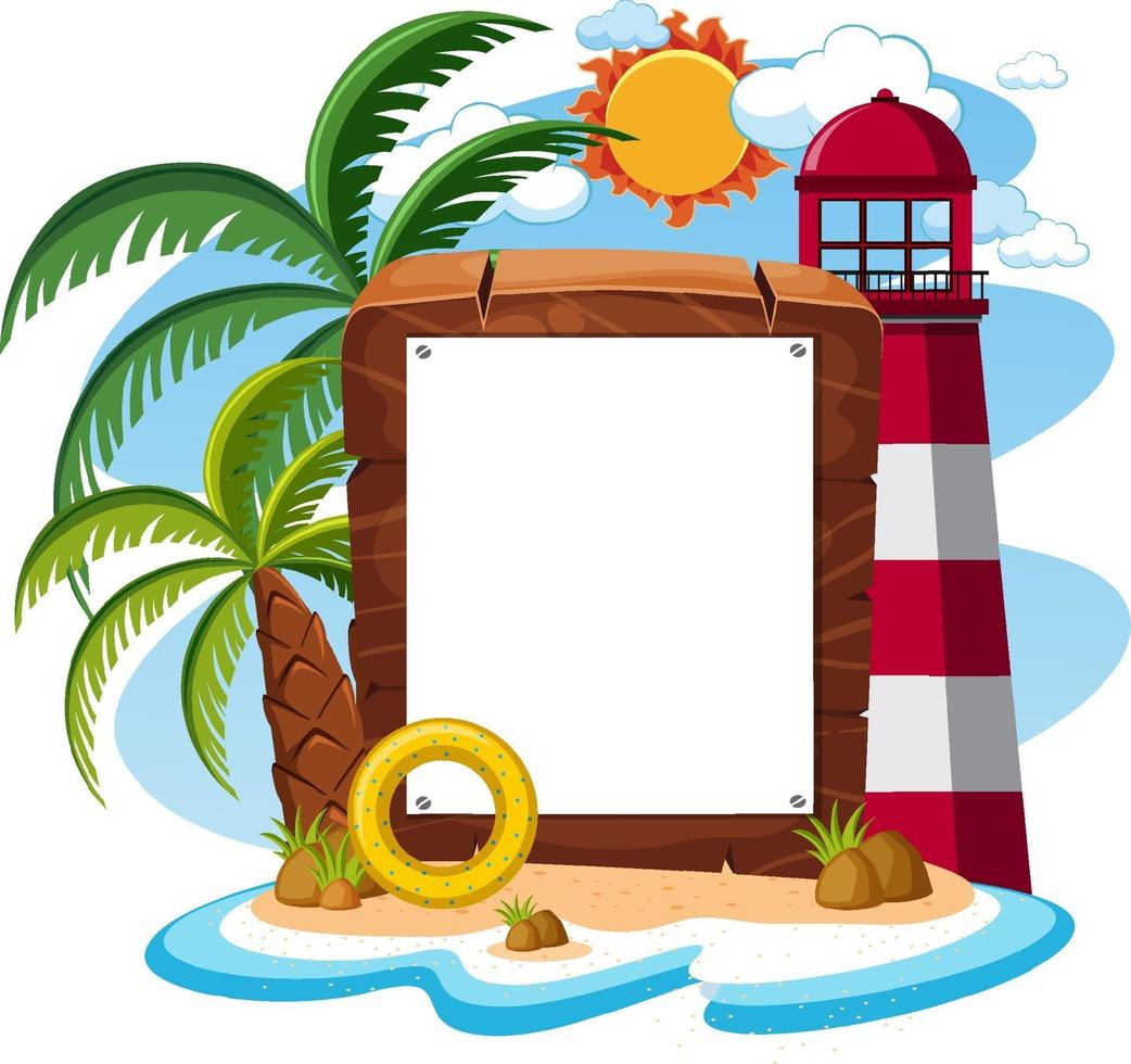 Blank banner template on the island with lighthouse isolated vector