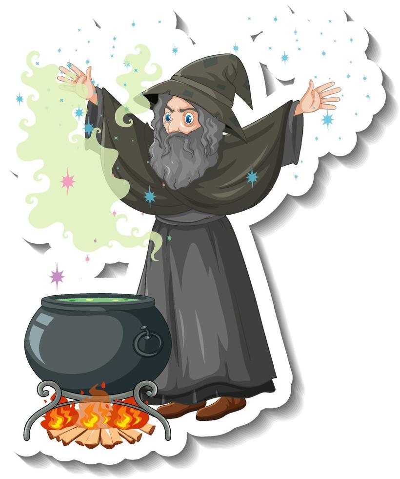 Old wizard brewing potion pot cartoon character sticker vector