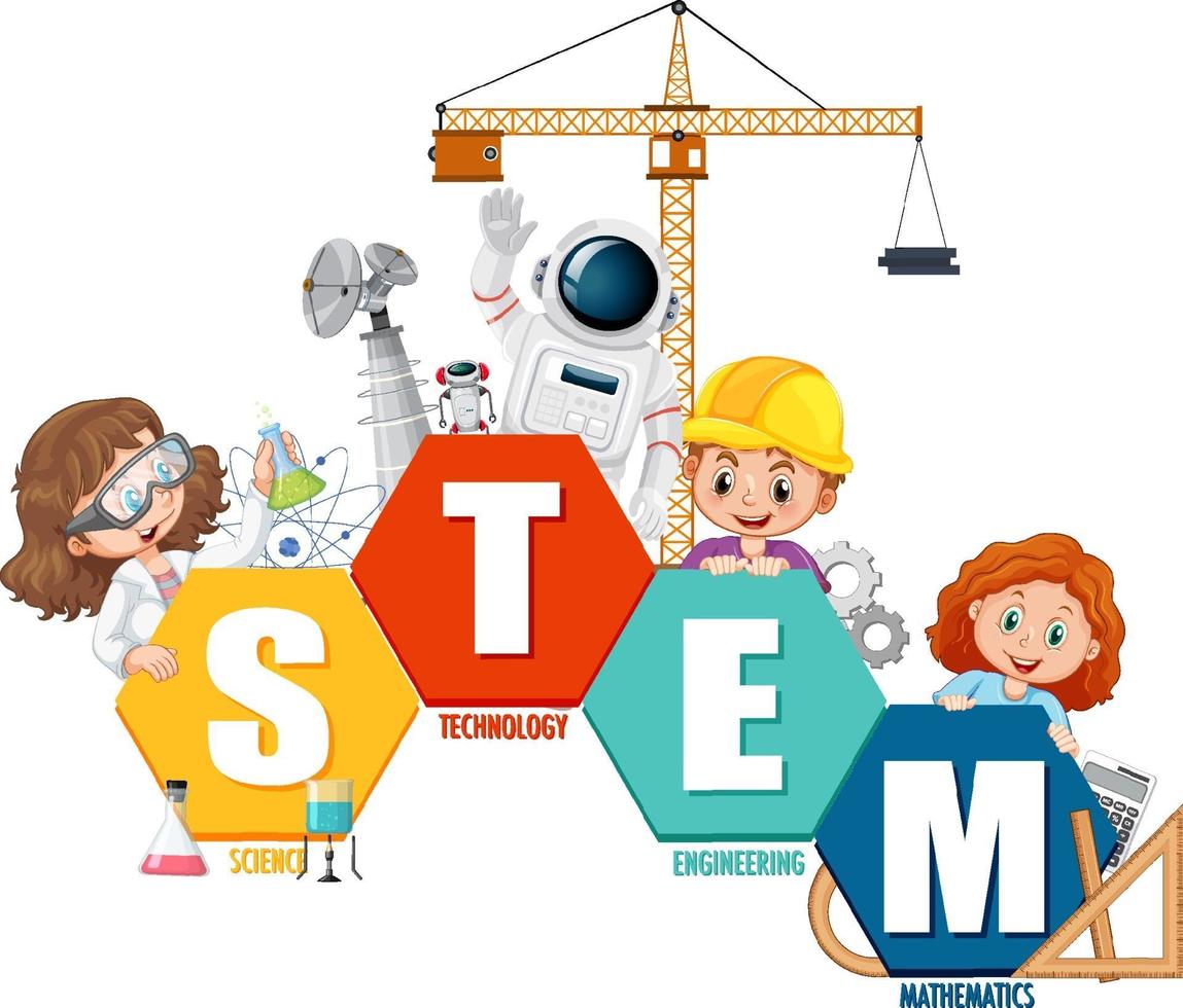 STEM education logo banner with kids cartoon character vector