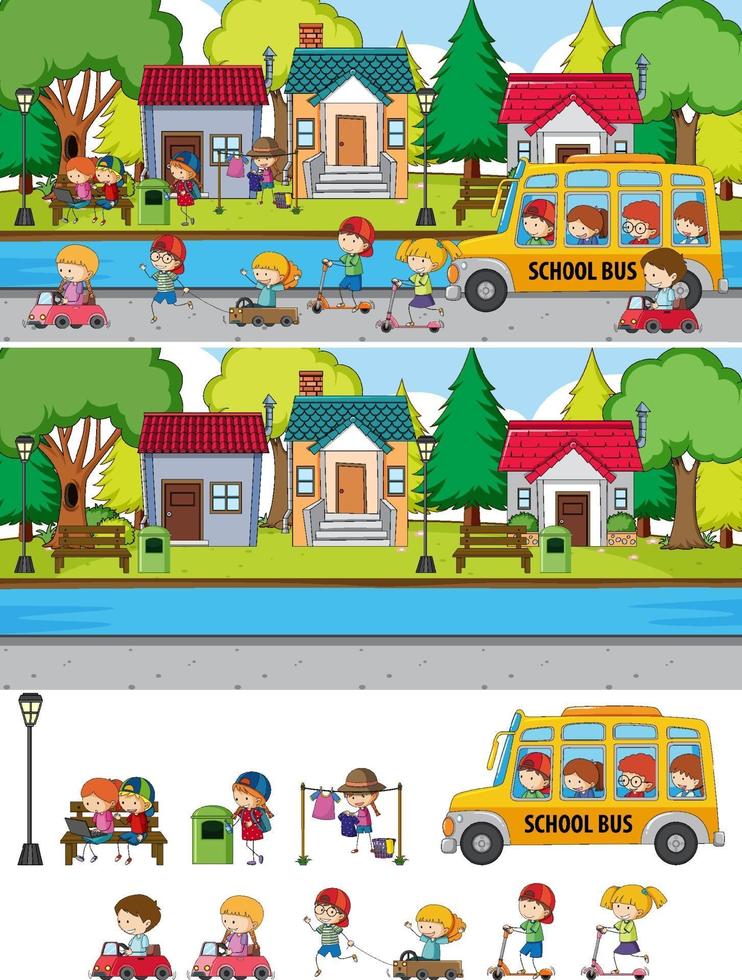 Park scene set with many kids doodle cartoon character isolated vector