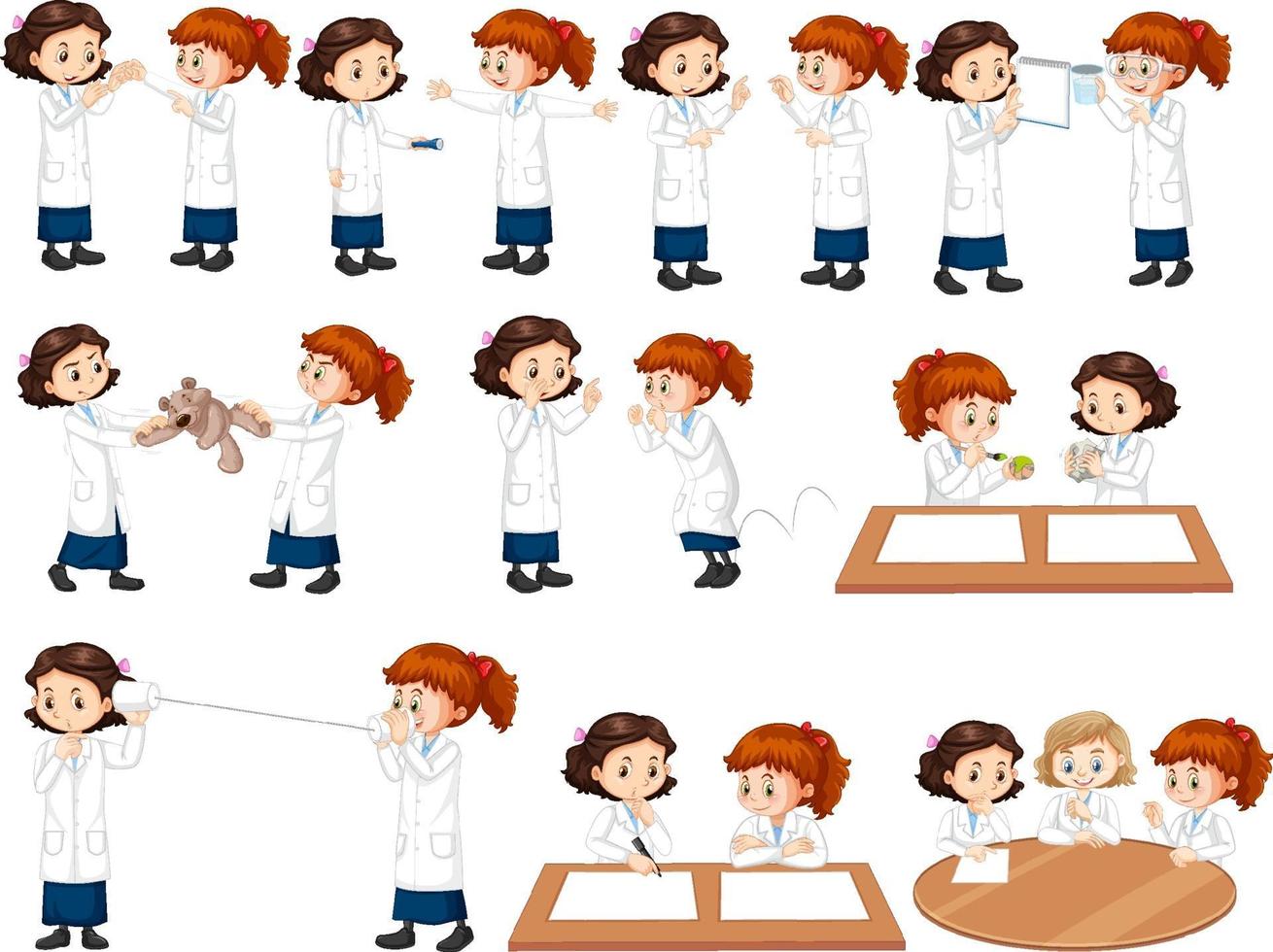 Set of a scientist girl doing different experiment vector