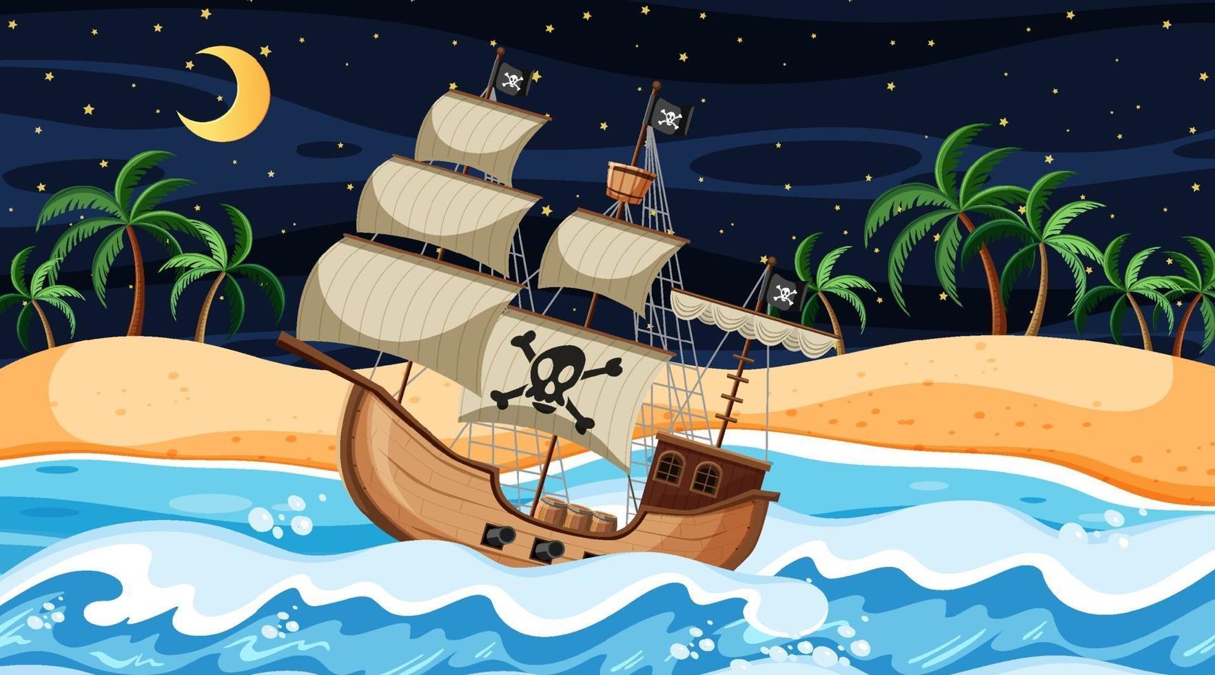 Escena de playa por la noche con barco pirata en estilo de dibujos animados vector