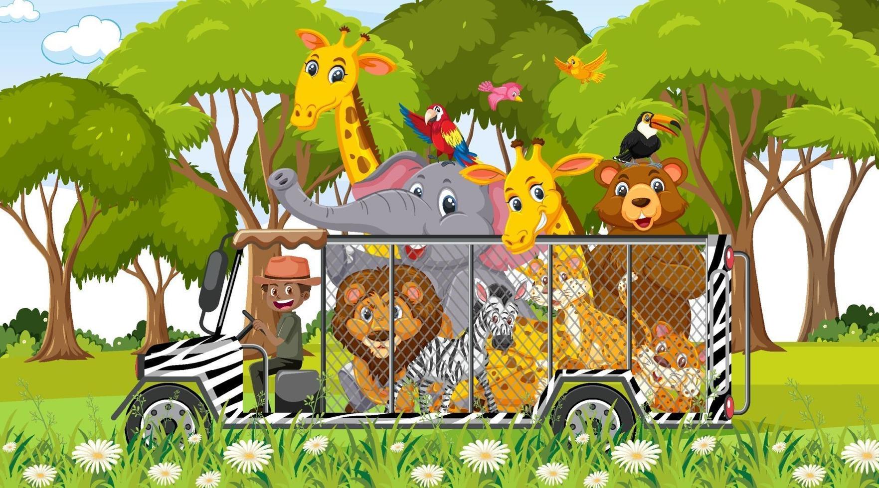 Escena de safari con animales salvajes en el coche de la jaula. vector