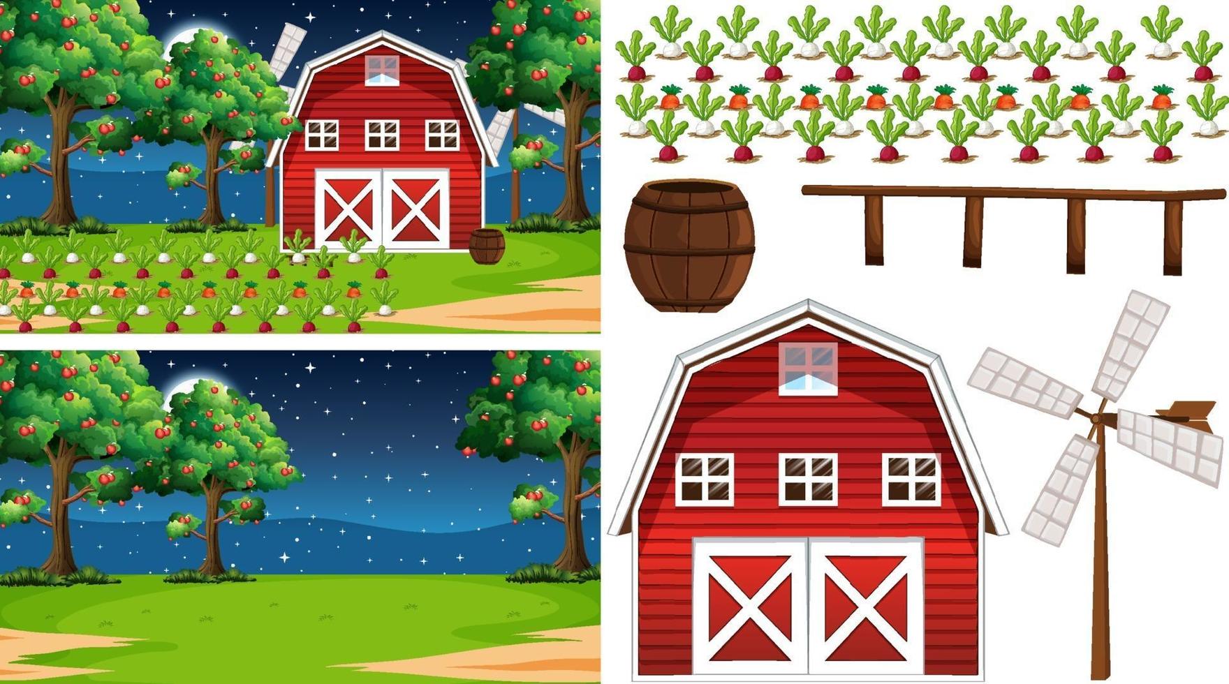 Farm element set isolated with farm scene vector